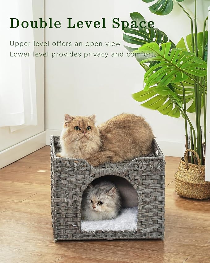 SETVSON Cat Beds Indoor Kitten House, Handwoven Rattan PE Cat Cave, Gray | 2-in-1 Kitty Condo with Top Perch & Bottom Cave, Furry Canvas Dual Cushion, 2 S-Hooks, Steel Frame, 16.5x16.5x13.2 In