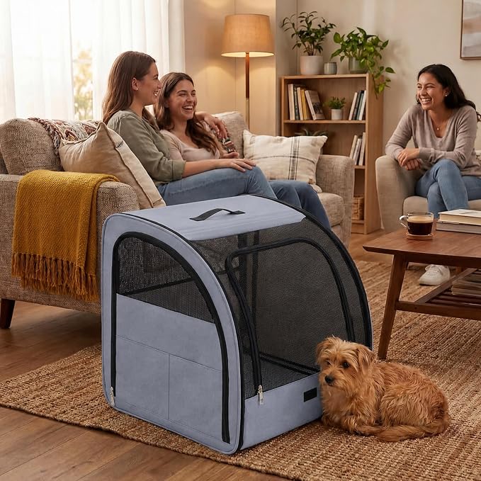 Dog Car Crate, Enclosed Foldable Cat Car Seat Carrier, 20x19x19.5in, Gray | Portable Dog Cat Carrier with Seatbelt Attachment & Headrest Strap, Soft-sided Pet Kennel with Bed for Pet Travel up to 25 lb