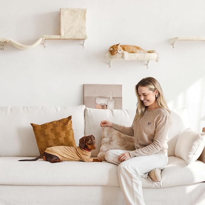 FUKUMARU Cat Wall Shelves, 4 in 1 Set, Beige | Stable & Safe Cat Walls Furniture, Wooden Kitten Climbing Wall with Scratching Post for 16 Inch Drywall