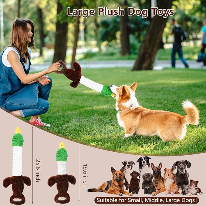 Drmstow Plush Dog Toys for Large Dogs, Duck Stuffed Squeaky Dog Chew Toy with Crinkle Paper, Interactive Pull Puppy Toys - Tug of War Dog Toys for Big Medium Samll Dog