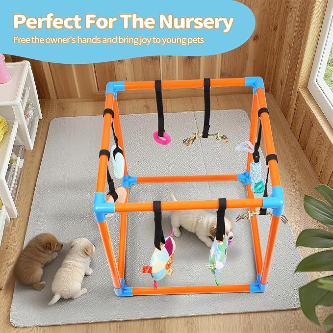 Liitrton Puppy Play Gym for Small Dogs with 8 Hanging Toys, Orange | 19.5"x19.5"x19.5" PVC Frame, Indoor Puppy Jungle Gym with Interactive Puppies Toys