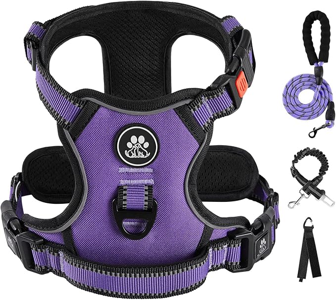 IVY&LANE No Pull Dog Harness for Large Dogs, Dog Vest Harness with Leash, Safety Belt and Storage Strap, Fully Adjustable Harness, 360° Reflective Strip, Soft Handle (Purple, XL)