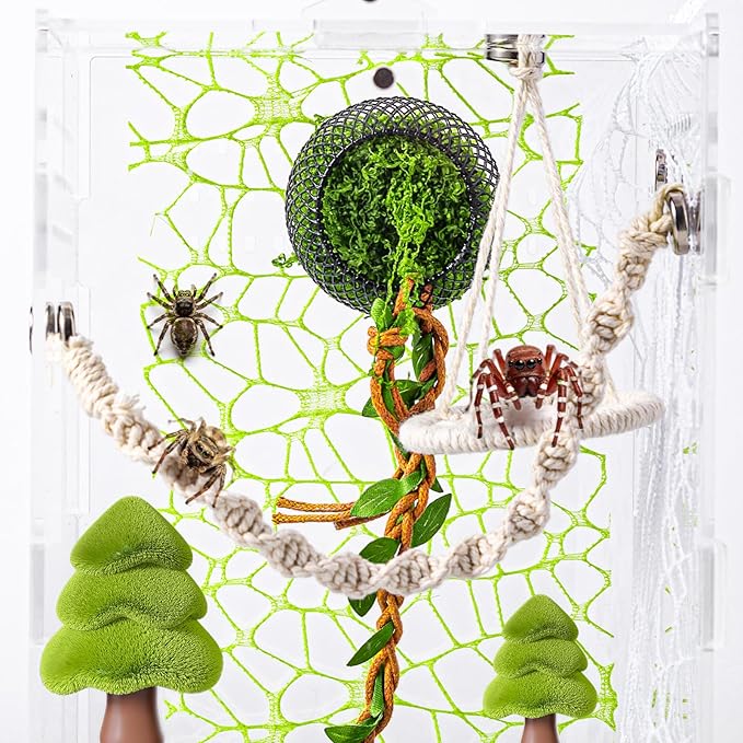 6 PCS Jumping Spider Rope Bridge Swings Set，Jumping Spider Webbed Moss Ribbon Tarantula Enclosure Accessories Natural Cotton Rope Handmade Pet Tiny Animals Enclosure Decorations