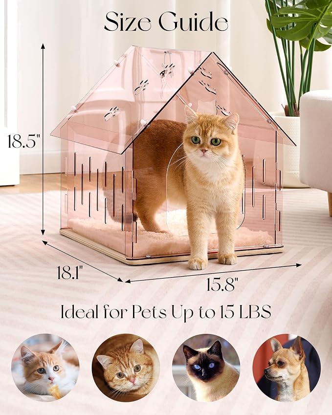 Acrylic Cat House for Indoor Cats, Transparent Cat Bed Cave with Plush Cushion & Hanging Toys, Modern Ventilated Cat Condo with Sturdy Wooden Base for Adult Cats & Kittens up to 15 lbs, Pink