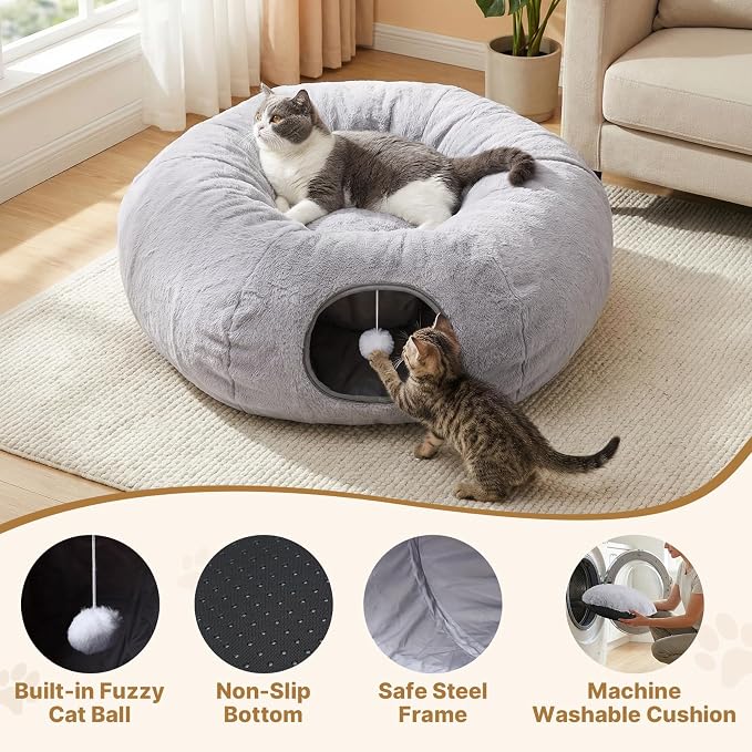 Cat Tunnel Bed for Indoor Cats, 31.5in Round Cat Tunnel for Small Cats | Cat Donut Tunnel with Washable Plush Mat, Collapsible Tunnel Hideplace for Kittens, Squirrels Grey