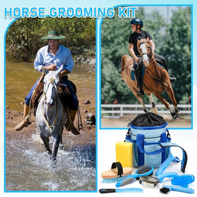 Cunhill 9 Pcs Horse Grooming Kit Tack Room Supplies Set with Tote Bag, Oval Massage Curry, Hard and Soft Brush, Hoof Pick, Sweat Scraper, Bathing Sponge, Comb for Horse Rider(Classic,Light Blue)