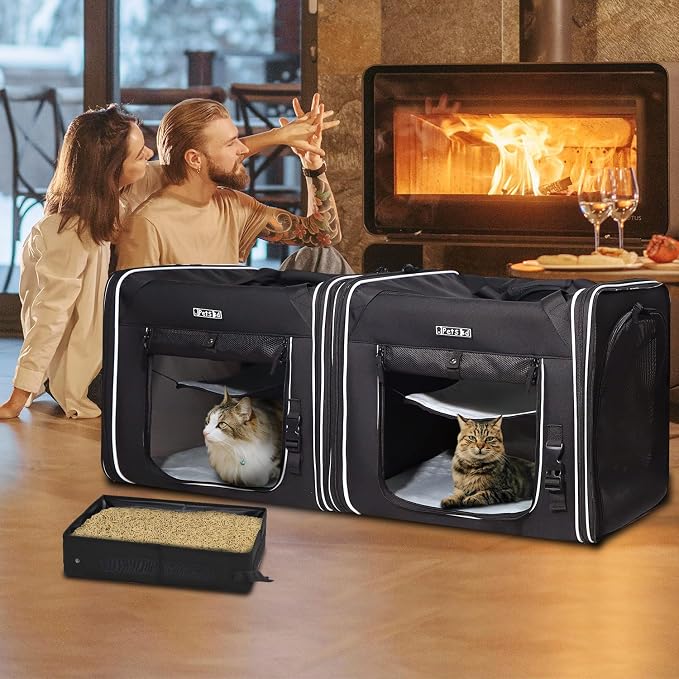 Portable Double Cat Carrier with Litter Box for Multiple Cats | 36"Lx17"Wx17"H, 2in1 Car Travel Carriers, Dual Large Cat Carrier, Lockable Safety Zippers, for Long Distance Travel