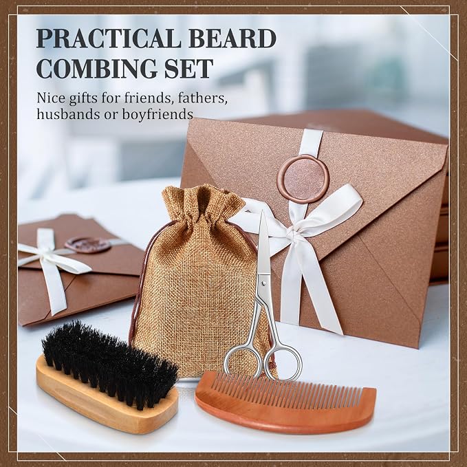 Zubebe 20 Sets Beard Brush and Comb Set for Men Fathers Day Dad Gifts, Boar Bristle Brush, Wood Mustache Comb and Beard Trimming Scissors with Travel Pouch, Mustache Grooming Care Kit for Grandpa Gift