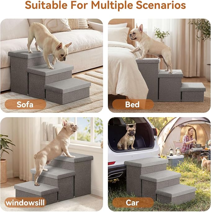 Zerbuger Dog Stairs with Storage, Grey Stripes Lids 3 Steps Ramp no Condo | 23" H Wider Dog Steps for High Beds Couch, Folding Storage Pet Stairs Gift for Climbing Small/Medium/Large Old Dogs Cats
