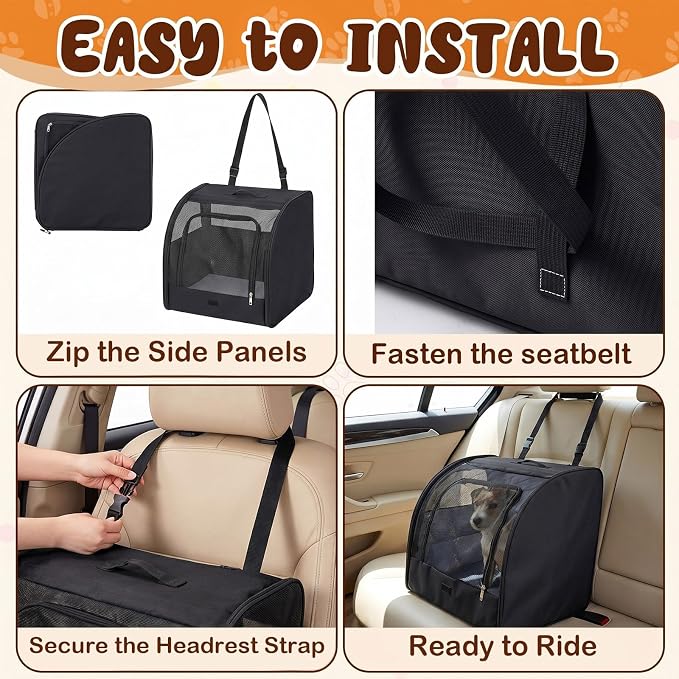 Dog Car Crate, Enclosed Foldable Cat Car Seat Carrier, 20x19x19.5in, Black | Portable Dog Cat Carrier with Seatbelt Attachment & Headrest Strap, Soft-sided Pet Kennel with Bed for Pet Travel up to 25 lb