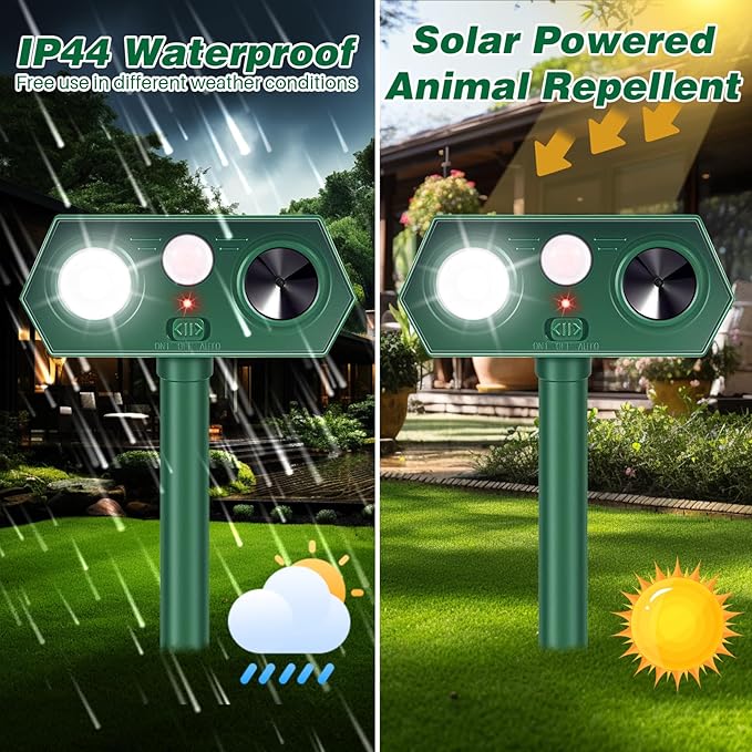 4Pack Solar Ultrasonic Animal Repellent Outdoor,Upgraded Deer Repellent Devices Motion Detection with Motion Sensor for Yard,Cat Repellent with Red&Blue LED Flash Lights to Scare Rabbit Raccoon Bear