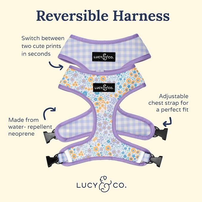 Lucy & Co. Reversible Dog Harness - Water-Repellent Neoprene, Dual-Print Design, Easy Swap Style, Adjustable Comfort Fit - Among Wildflowers Reversible Harness - X-Small