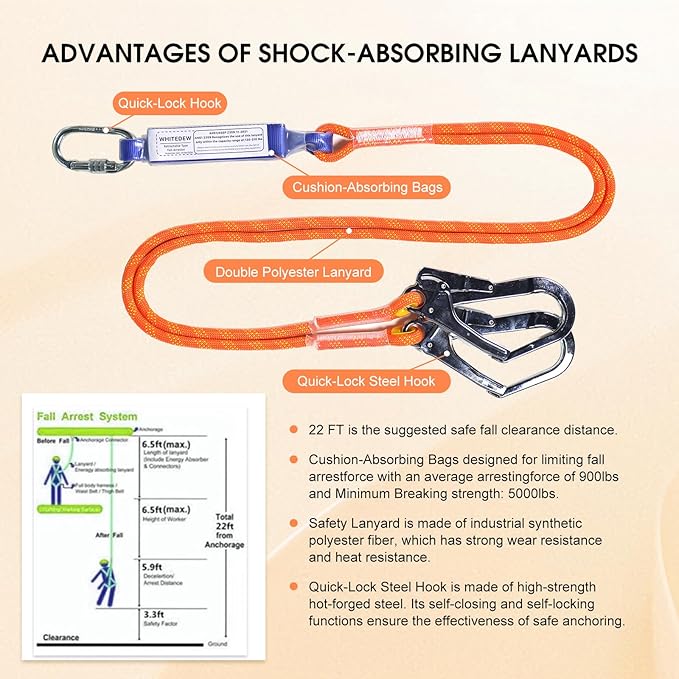 Fall Protection Premium Safety Harness with Shock Absorbing Lanyard, Vented & Padded Shoulder, Legs & Back - Upgrade 4 Quick Buckles (Orange)