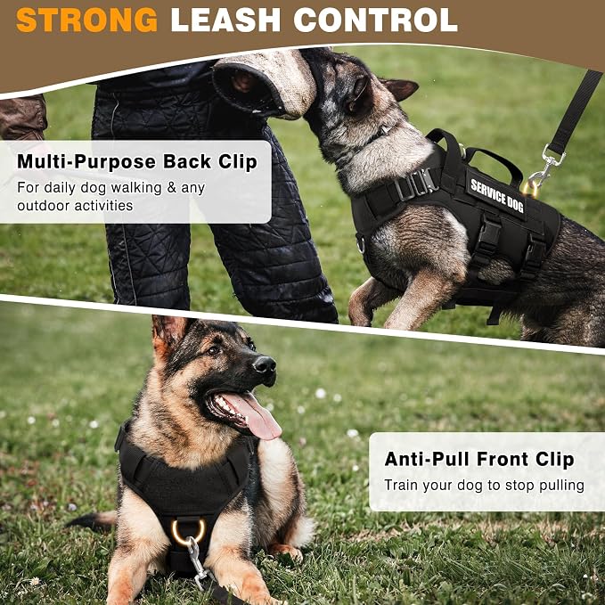 Service Dog Vest Harness for Large Dog, Tactical Working MOLLE Vest with 10 Pet Patches, No Pull Heavy Duty Harness for Training Hunting Walking
