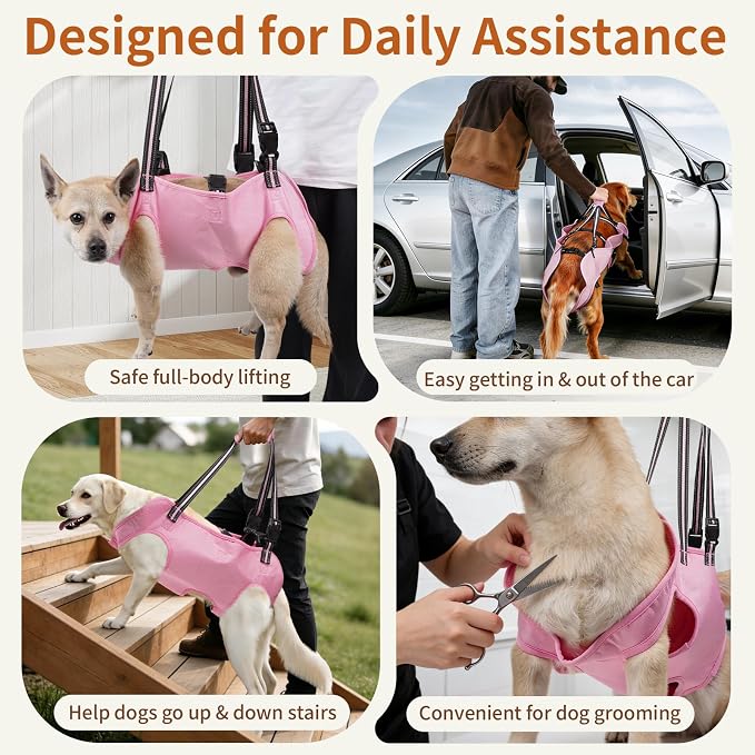 Full Body Dog Lift Harness, Support Senior & Disabled Dogs Walking | Help Up & Down Stairs Grooming, Dog Sling Backpack, Front Hind Leg Joint Injuries, Reflective, Soft Padded Handle | Pink, S
