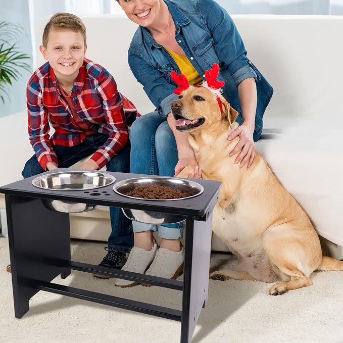 HTB Elevated Dog Bowl Stand with 2 Stainless Steel Bowls-14 H X-Large Black | Raised Dog Bowl Stand, 14"tall, 48 Oz Bowls, for Large Sized Dogs, Pet-safe, Solid Bamboo