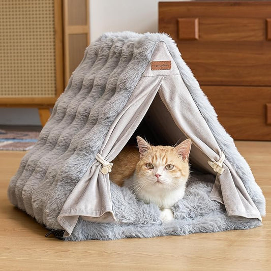 FUKUMARU Cat Cave Bed, Sturdy Frame Washable Cat Tent Bed with Curtain | Semi-Enclosed Cat Hideaway for Anxious Cats, Large Cozy Cat House for Indoor Cats, Soft Plush Covered Dog Bed, Grey
