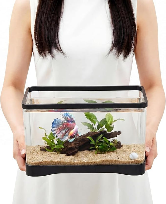 Geelin 2 Gallon Plastic Rectangular Fish Tank, Aquarium for Betta Fish Reptiles Succulents Flower Centerpiece, Shatterproof with Clear Clarity for Home Office Desktop Decors(Black)