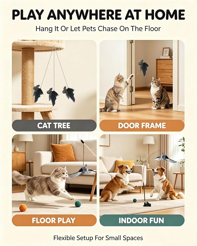 Flying Bat Dog Toy, Interactive Flying Bat Toy for Dogs with Flapping Wings, Chirping Sounds, USB Rechargeable, Touch Activated, Hanging or Floor Toy for Dogs, Puppies and Cats to Reduce Boredom，2 PCS