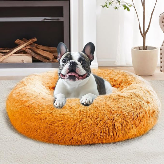JOLLYVOGUE Calming Dog Bed for Small Dogs - 23 inches Donut Washable Small Dog Bed for Kittens & Puppies, Anti-Slip Round Fluffy Plush Faux Fur Cat Beds (Fits up to 25 lbs Pets, Orange)