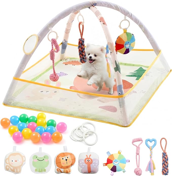 30 x 30 x 21 Inch Puppy Play Gym with 9 Hanging Toys & 18 Ocean Balls – Interactive Activity Mat for Dogs & Cats, Includes Squeaky Plush & Chew Toys – Portable Snuffle Mat for Pets up to 25 Lbs