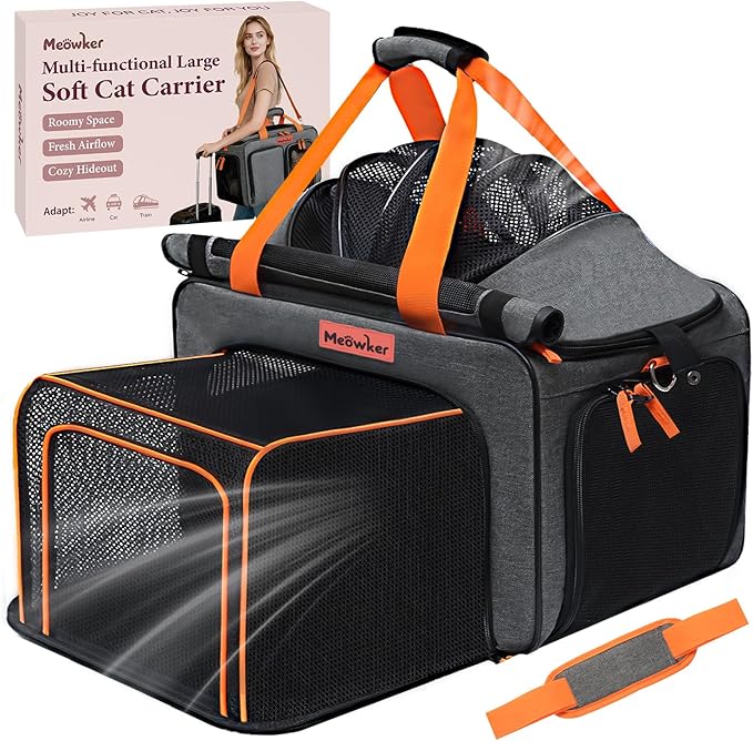 Soft Sided Cat Pet Dog Carrier, Large Airline Approved Travel Bag | Top Loading Breathable Mesh, Foldable Expandable Design, Fits Kittens & Puppies Up to 15 Lbs, Comfy for Transport Scenarios