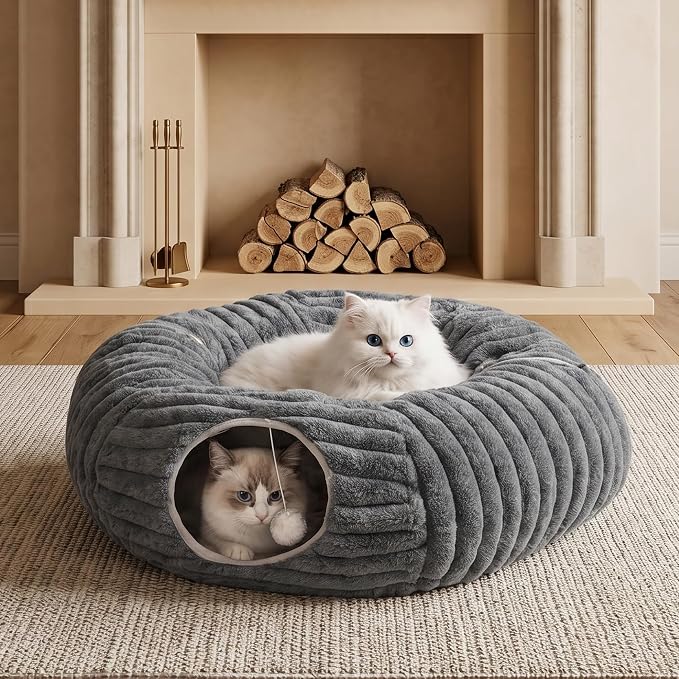 Dogpals Cat Tunnel Bed Cave 33" Lx10 Wx10 H for Indoor Cats | Washable Cozy Cushion, Soft Striped Plush Fabric, Hideaway Peekaboo Cave for Kittens, Puppies, Rabbits & Small Pets