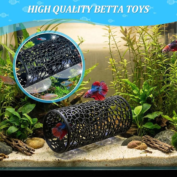 Betta Fish Tank Accessories, 2 Pcs Black Tunnel Cave with Suction Cups, Hollow Hammock Hideout Tube Shelter for Small Fish Shrimp Guppies