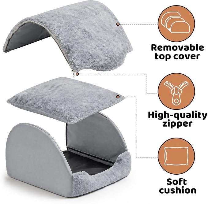 LATIBELL Indoor Puppy House Foldable Pet Tent Cave Bed ，Gray | Foldable Indoor Dog House With Removable Washable Soft Cushion, Covered Cave For Small Puppy