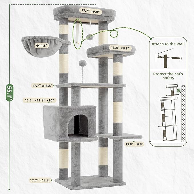 Gitelsnour Cat Tree for Indoor Cats, 55.1 inch Cat Tower with 7 Sisal Scratching Posts, Multi-level Cat Condo wit Large Play Platform Furry Ball, Cat Cave, 2 Padded Perches, Basket, Light Gray GCT013W