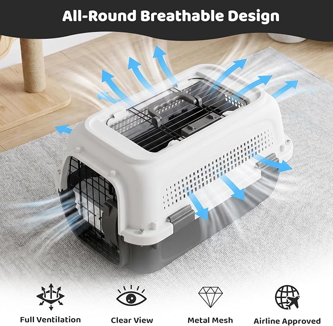Athena Collection 20" Hard-Sided Pet Carrier with Food Bowl, Grey | Hard-Sided Protection with Top & Front Door Access, 4-Sided Ventilation for Small Dogs and Cats up to 20 LbS