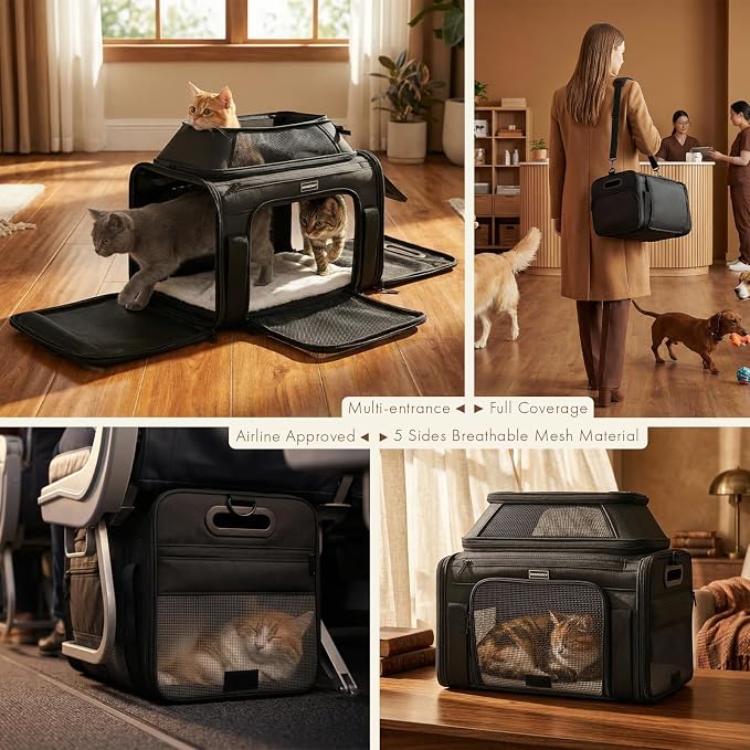 Top-Expandable Pet Carrier with Treat Pet Window,17x11x9.5 Airline Approved | for Alaska Hawaiian,Soft-Sided Dog Carrier, Anti-Scratch Mesh, Lockable Zippers,Cat Carrier for Kitten,Rabbit,Puppy, Black