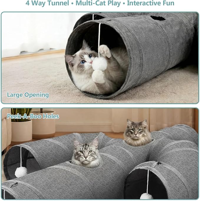 Ownpets Cactus Cat Tunnel 12" with Peek Holes for Indoor Large Cat, Grey | Durable Oxford fabric, noise-free, foldable & connectable, multi-cat friendly, tube for cats up to 20lb, includes ball & wand