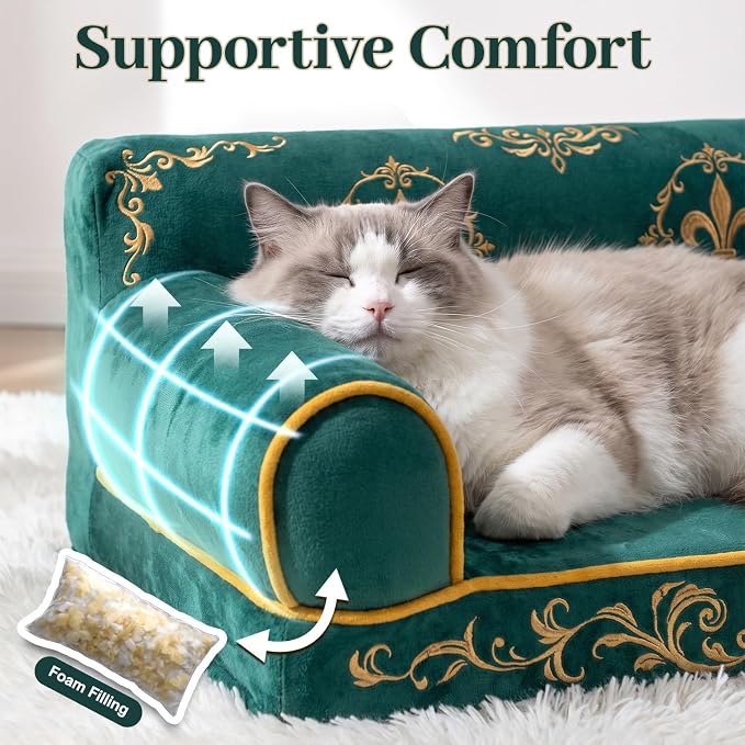 Cat Couch Bed, Memory Foam Dog Bed for Small Dogs, 24 Inch | Faux Suede Fabric, Supportive Pet Couch Sofa for Cats and Small Dogs, Non-Slip and Washable Removable Cover, Vintage Green