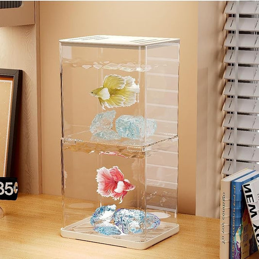 Small Betta Fish Tank, 2-Pack 0.3 Gallon Mini Aquarium with Adjustable Base Light & Gravels & Resin Crystal, Acrylic Fish Bowl for Desk Homes or Offices, Ideal for Beta Fish,Goldfish (White -2 Pack)