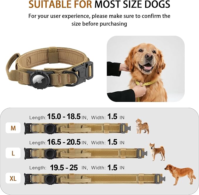Tactical AirTag Dog Collar - Heavy Duty, Adjustable GPS Collar Compatible with Apple AirTag, with Holder & Control Handle for Medium/Large Dogs [ Brown, XL ]