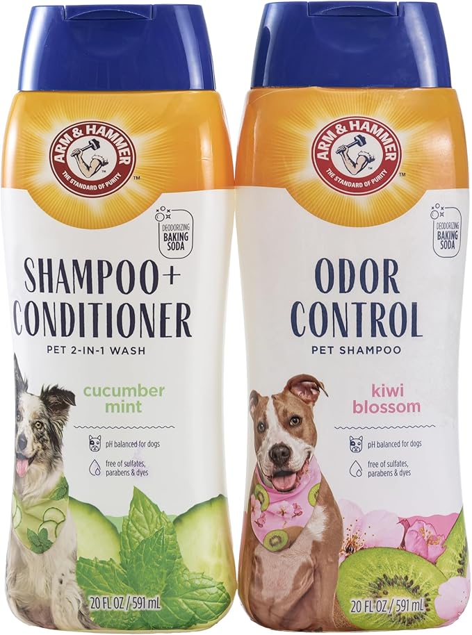 Arm and Hammer for Pets Dog Shampoo Combo Pack with Baking Soda for Odor Control | Deodorizing Kiwi Blossom Dog Shampoo and 2-in-1 Shampoo & Conditioner Cucumber Mint | 20 Oz Bottles