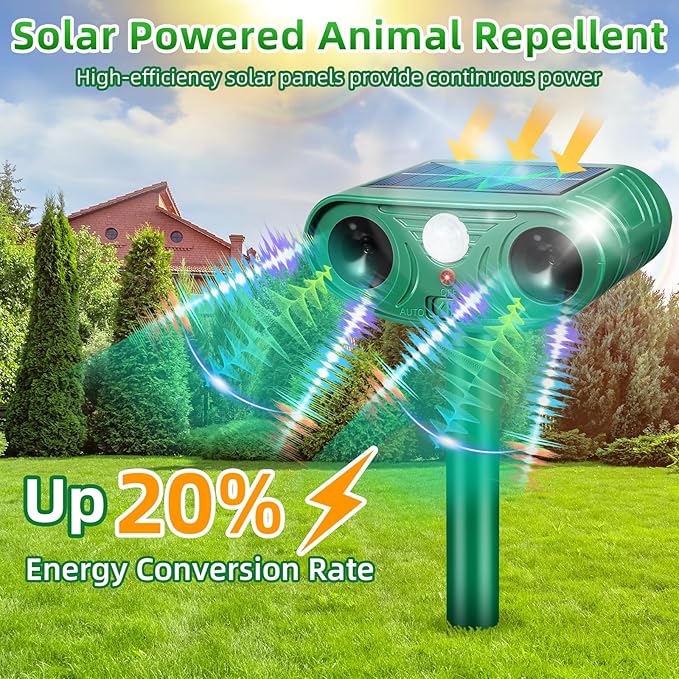 2026 Upgraded Solar Animal Repellent Ultrasonic Outdoor, 2 Pack IP65 Waterproof Deer Repellent & Cat Deterrent with Motion Sensor, Effective Racoon Rabbit Skunk Squirrel Repeller for Yard Garden