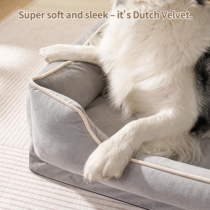 FAIRYPET Orthopedic Dog Bed for Medium to Large Dogs & Cats, Memory Foam Dog Bed with Washable Removable Cover, Top-Grade Dutch Velvet Fabric Pet Sofa Couch for Crate with Nonskid Bottom, Grey