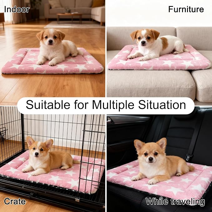 Washable Dog Bed Plush Orthopedic Outdoor Crate Mat with Non-Slip Bottom,Luxe Soft Kennel Pad for Pets, Cozy Cage Cushion & Pet Sleeping Mattress Large Sized,Medium,Small Dogs,24 x 18 inch,Pink