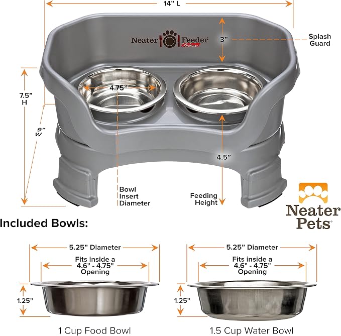 Neater Feeder Deluxe Mess-Proof Elevated Cat Bowls, 2 Height Adjustable (6” & 7.5”) No-Spill Raised Cat Bowl Stand, Whisker Friendly Stainless Steel Dishes for Indoor Cats, Made in USA, Gunmetal