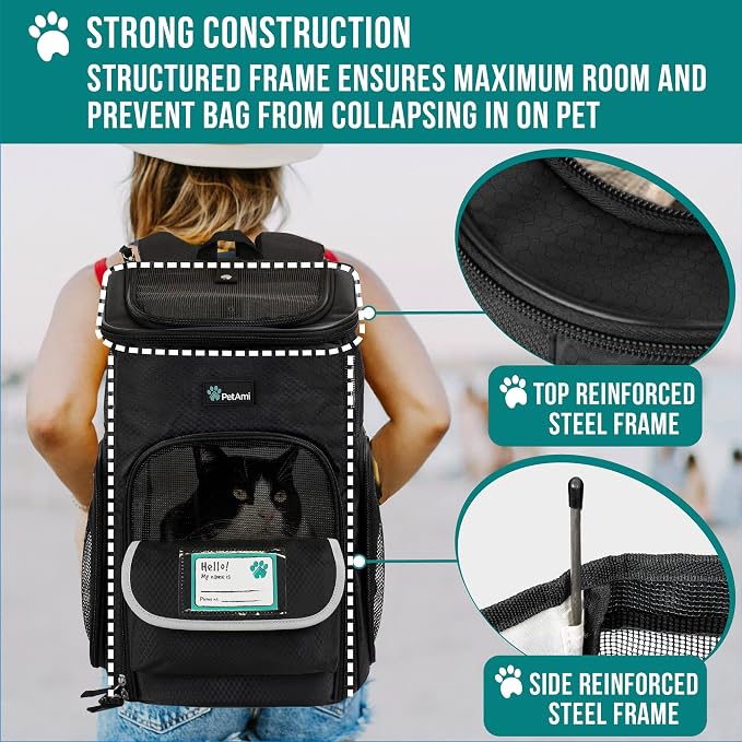 PetAmi Dog Backpack Carrier, Airline Approved 4-Way Entry Cat Backpack Carrier, Ventilated Mesh, Collapsible Pet Carrier for Small Puppy, Kitten, Hiking, Travel Car, Vet, up to 18 lbs, Black