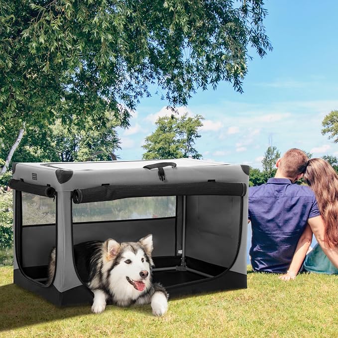 PETSFIT 40" Soft Portable Dog Crate – Patented Spiral Sturdy Frame, Collapsible Travel Kennel for Large Dogs, 3 Mesh Door, Lockable Zippers, Indoor & Car Use Gray