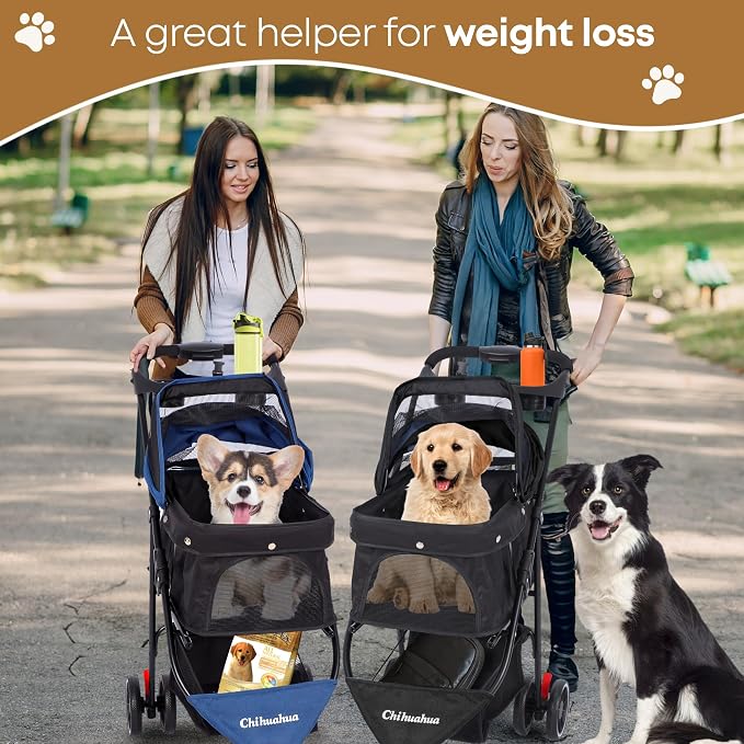 Pet Stroller,Dog Stroller for Small Medium Dogs Cats,3 Wheels,Deep Brown | Foldable,with Breathable Mesh Canopy,Cup Holders,Easy Assembly