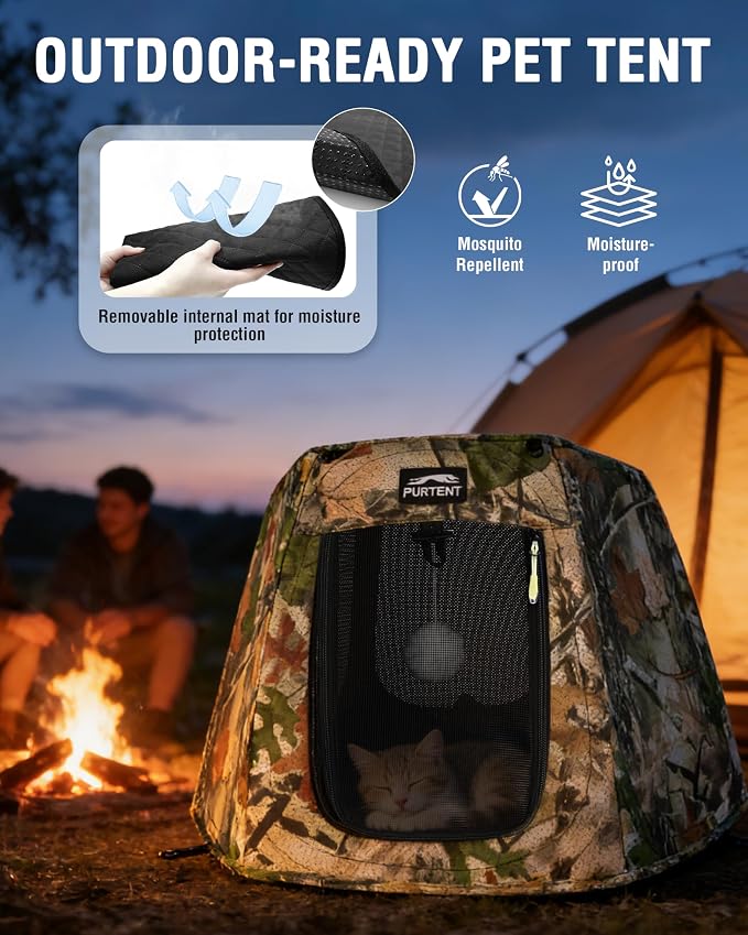 Portable Assembly-Free Cat Pop Up Tent, Ventilation Outdoor Indoor Cat House with Detachable Toy Ball, Sunshade Camping Pet Tent for Cats with Non-Slip Cushion Up to 15LB