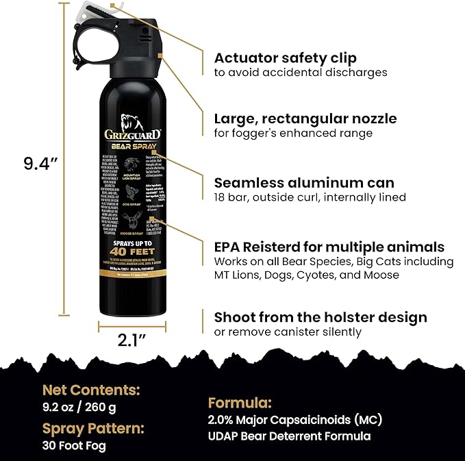 Griz Guard 260GG2 Bear Spray W/Holster 40 ft Range, Max Strength, EPA-Registered Spray for Bears, Mountain Lions, Coyotes, Dogs, & Moose, Outdoor Hiking & Camping Protection, Glow Safety, 9.2oz, 2PK