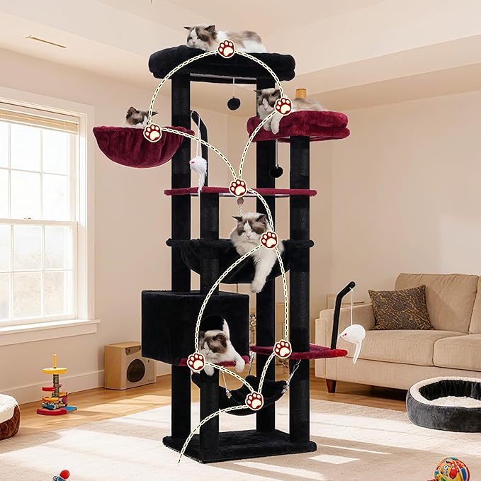 Gitelsnour Gothic Cat Tree, Cat Tower for Large Cats with 2 Big Platforms, 2 Baskets, condo and Toys, 63" Cat Scratching Posts for Indoor Cats, Black and red GCT020BR