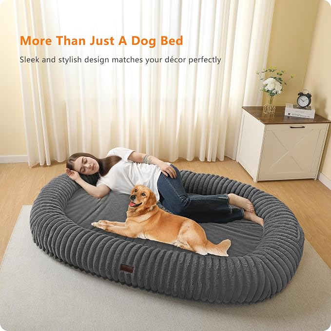 Human Dog Bed for Adult, Orthopedic Gel Memory Foam, 71"x47"x9" | Human Dog Bed Fits Adult & Pets, Reversible Egg-Crate Foam Cushion, Washable Pet Bed with Blanket, Medium Grey