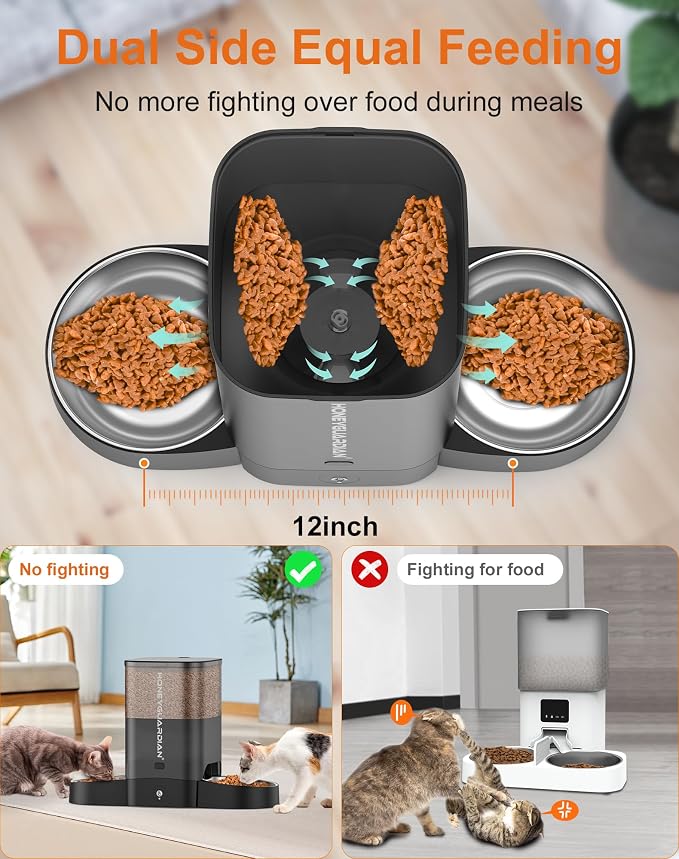 HoneyGuaridan Automatic Cat Feeder for 2 Cats, 2.4/5G WiFi Smart Feed Pet Feeder with Stainless Steel Bowl,APP Control Dispenser, Dual Power Supply,Desiccant Bag,10s Meal Call Black | Pet Feeder with Stainless Steel Bowl,Automatic Cat Food Dispenser,Mu...