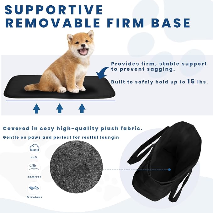 Lightweight Puffy Dog Purse Carrier for Small Dogs, Black | Quilted Pet Carrier Tote with Safety Leash Clip, Storage Pockets and Removable Base, for Pets Up to 15 lbs, Black